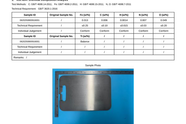 Chemical composition certificate — finished cutting board